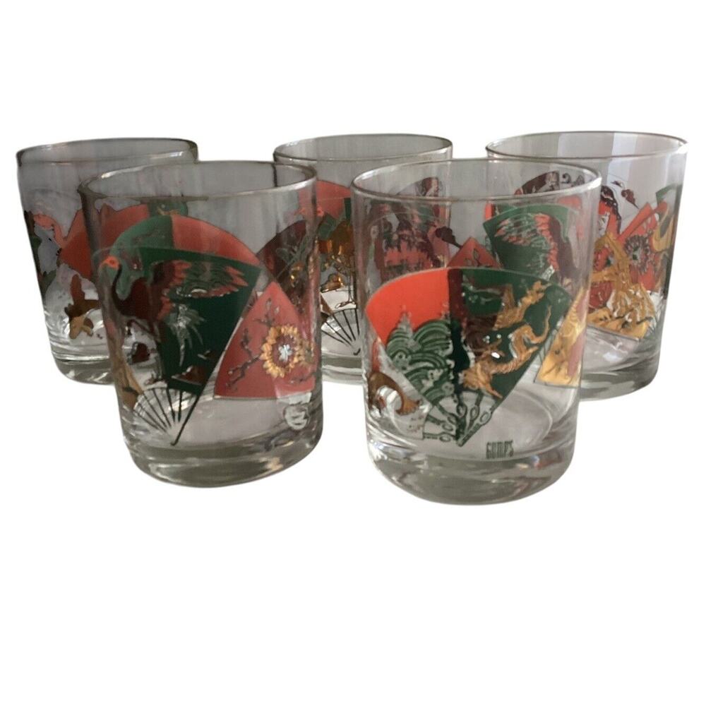 Lot Of 5 Gump’s San Francisco Double Old Fashioned Glasses Asian Japanese Fans